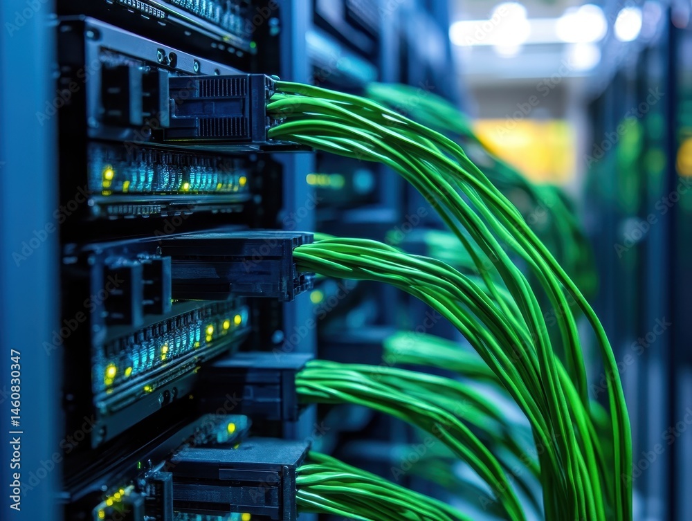 Poster Server room closeup showing green cables connecting to illuminated data storage hardware in a modern data center for IT network management
