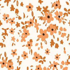 Playful Hand-Drawn Orange Floral Design for Textile Print for Fabric, Seamless Pattern Wallpaper © motifs_20