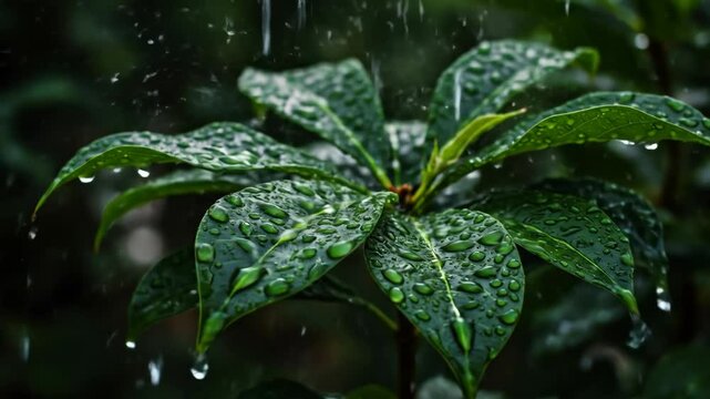 Green leaves covered with rain drops. The pure leafage with sparkling water drops is fresh and beautiful. Natural background with waterdrop detail close up.