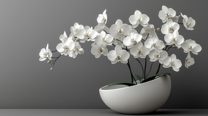 Fototapeta na wymiar A realistic 3D rende presents a minimalist flower arrangement showcasing delicate white orchid blooms against a clean grey background creating a serene aesthetic.