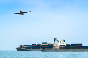 Aerial view of the freight shipping transport system cargo ship container. international...