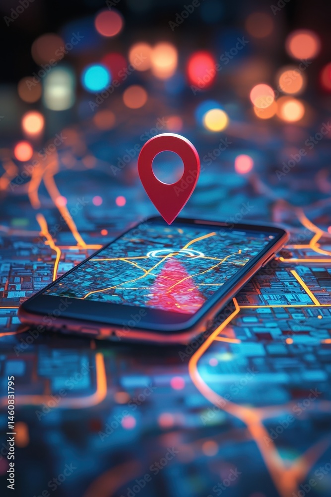 Poster Smartphone with Red Location Pin on Digital Map Display Futuristic Technology Close Up