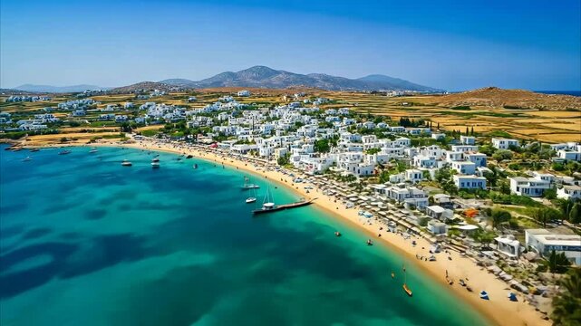 Exploring the beautiful beaches and crystal clear waters of Paros Island during summer vacation, Summer vacation journey to greek island Paros in Greece Aerial panorama