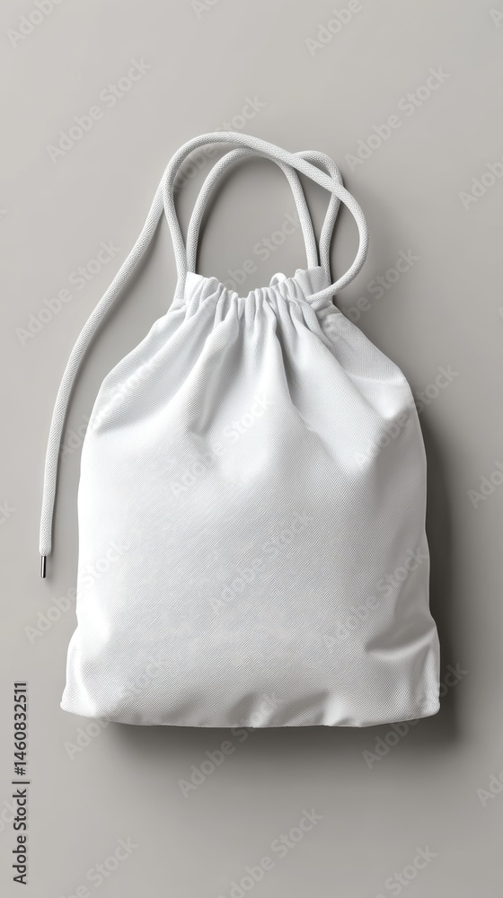 Poster minimalist white drawstring bag laying flat on gray background studio shot for mockup or product dis