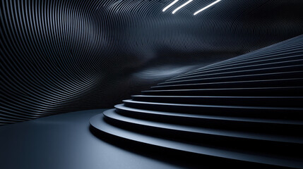Modern 3D design displays an abstract architectural staircase with realistic detail, presented in 4K resolution from a dramatic side angle showcasing light and shadow.