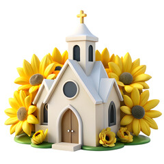 Charming 3D Church Model Surrounded by Sunflowers