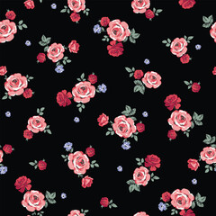 Romantic Rose Floral Seamless Pattern for Textile Print on Fabric on black background for fashion dress print pattern