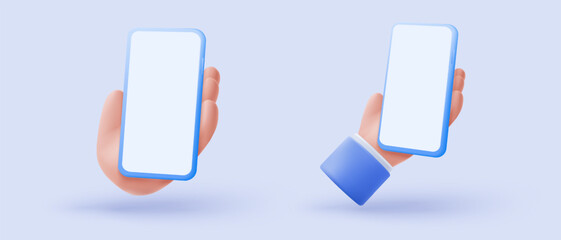 3d mobile phone icon sign on hand holding. Hand using smartphone with empty screen for mockup concepts. 3d display minimal scene device buttons icon vector render illustration