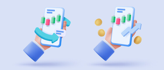 3D stock trading graph report for statistic market in bubble icon. Sell and buy money cash and exchange with finance business, analyzing investment. 3d bank trading icon vector render illustration