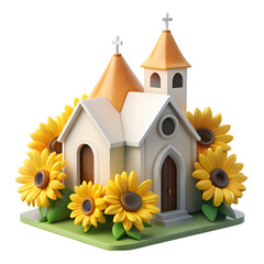 Charming 3D Church Model Surrounded by Sunflowers