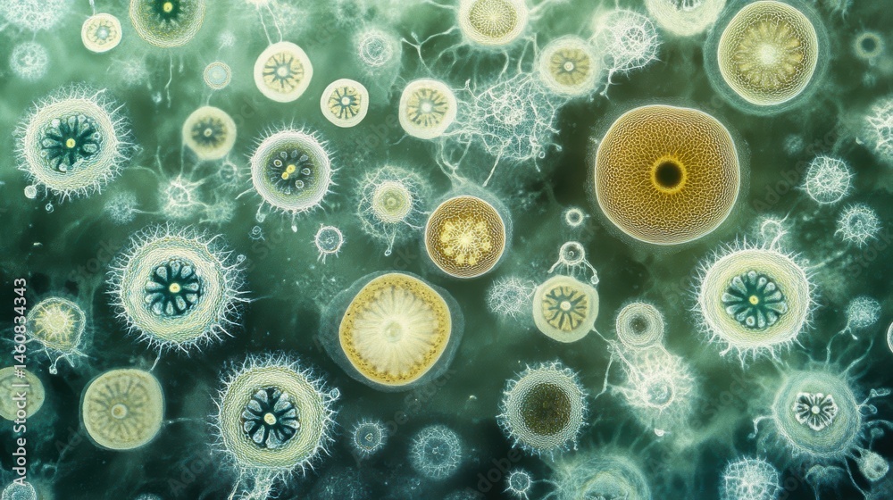 Poster Microscopic Life Forms Multiplying Close Up View Abstract Background Science Research Biology Study