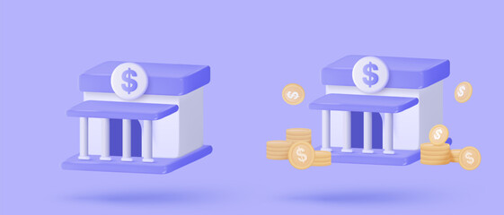 3d bank deposit and withdrawal icon on background. transactions service of money, banking financial. Investment building minimal concept. 3d financial icon vector render illustration