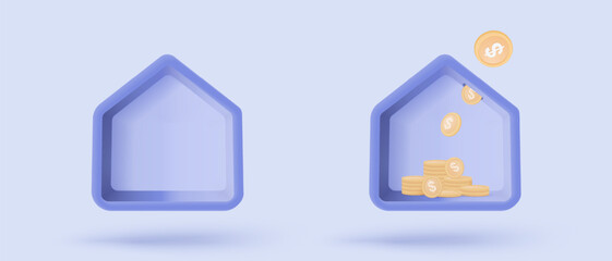 3d mortgage housing to money, money invest profit project, mansion rental property of financial. Residence for personal loan icon signs. 3d real estate financial icon vector render illustration
