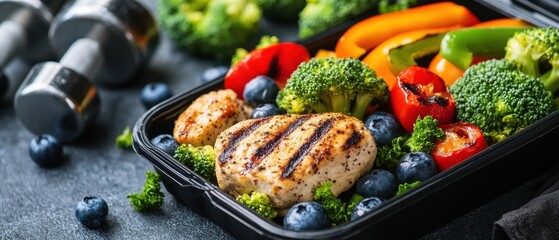 Healthy Meal Prep with Grilled Chicken Breast and Colorful Vegetables Close Up Still Life Shot