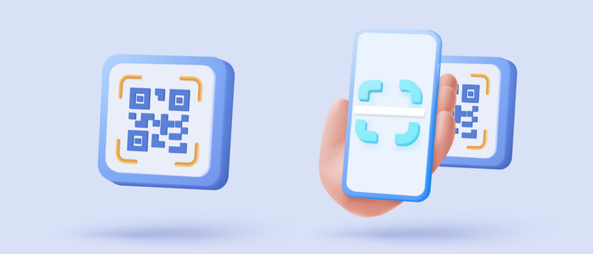 3d qr code icon scan for pay online shopping, shop special offer promotion on mobile phone cyberspace. Qr code buttons scan verification identity. 3d coding reading icon vector render illustration