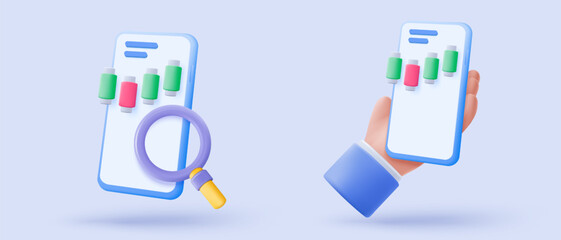 3D stock trading graph report for statistic market in bubble icon. Sell and buy money cash and exchange with finance business, analyzing investment. 3d bank trading icon vector render illustration