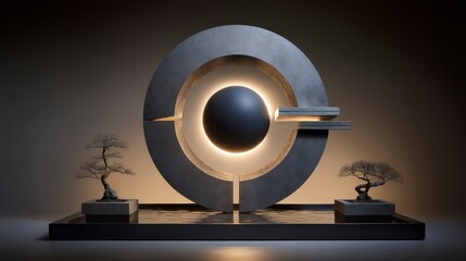Minimalist Concrete Zen Garden Sculpture with Bonsai Trees and Illuminated Sphere