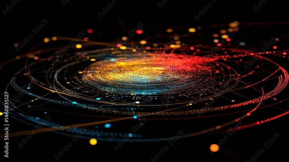 Poster Abstract data visualization of digital network with colorful glowing particles on black background close up