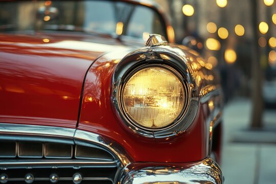 Vintage red car headlight, city backdrop