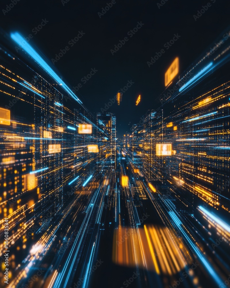 Poster Abstract city lights speed through digital network in futuristic perspective with blue and gold data streams and visual effect