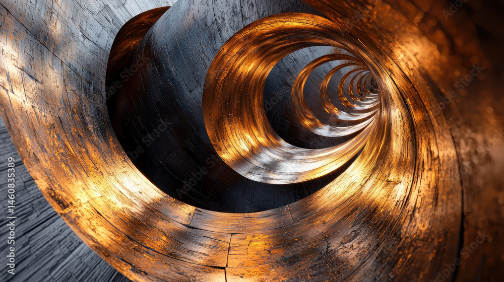 Poster a realistic 4k rende shows a modern 3d background with spiraling textured walls illuminated from the