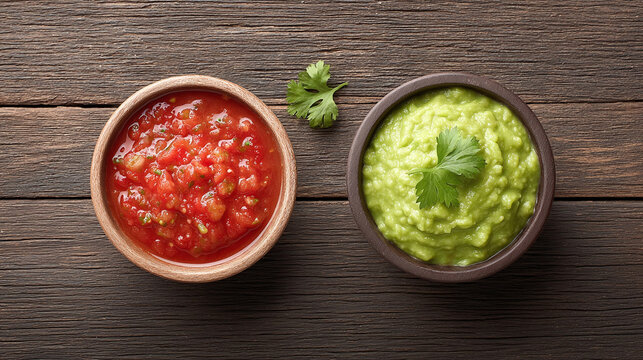 Red Salsa and Green Guacamole in Wooden Bowls