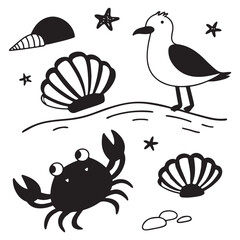 Whimsical coastal hand drawn vector illustrations