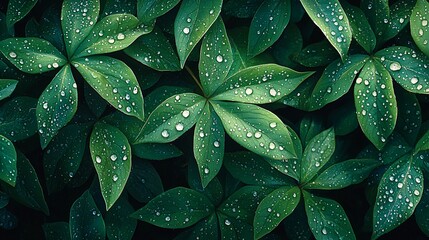 Fototapeta premium Lush green leaves with raindrops nature close-up photography outdoor top-down view serenity