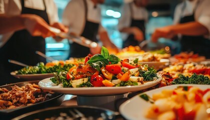 Obraz premium Buffet food line, culinary staff