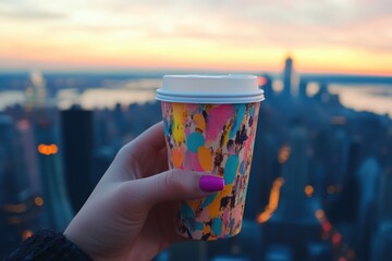 Female hand with painted nails holding takeaway coffee cup, blurred city backdrop