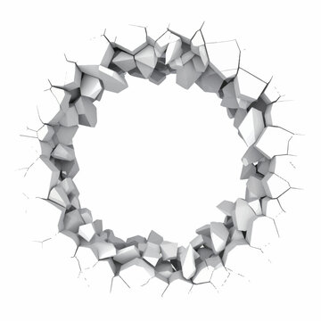 Abstract white cracked wall with a hole in the center great for backgrounds and overlay textures symbolizing destruction and renovation
