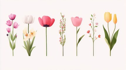 Naklejka premium Colorful flower illustrations, delicate floral designs in soft hues, perfect for invitations or nature-themed projects.