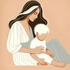 A minimalist and stylish digital illustration of a mother and child