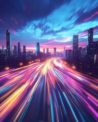Fototapeta premium Cityscape at night with light trails on freeway long exposure abstract view of urban skyline at dusk