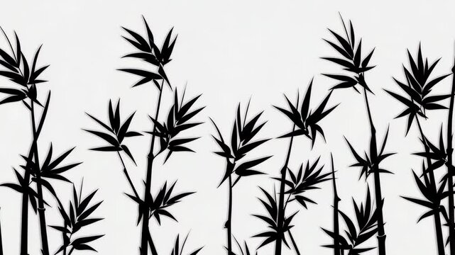Black bamboo stalks and sharp leaves are silhouetted against a stark white background, producing strong, elegant botanical contrast.