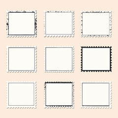 Collection of blank postage stamps for design mockup and vintage ephemera projects, isolated on beige background offering creative possibilities