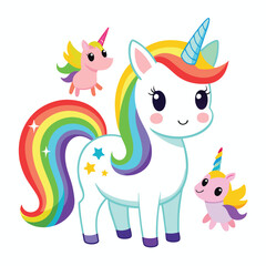 Adorable Rainbow Unicorn with Little Ones Magical Fantasy Illustration