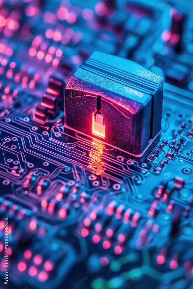 Poster Close-up of Computer Circuit Board with Microchip and Glowing Light in Neon Blue and Pink Tones for Technology Concept