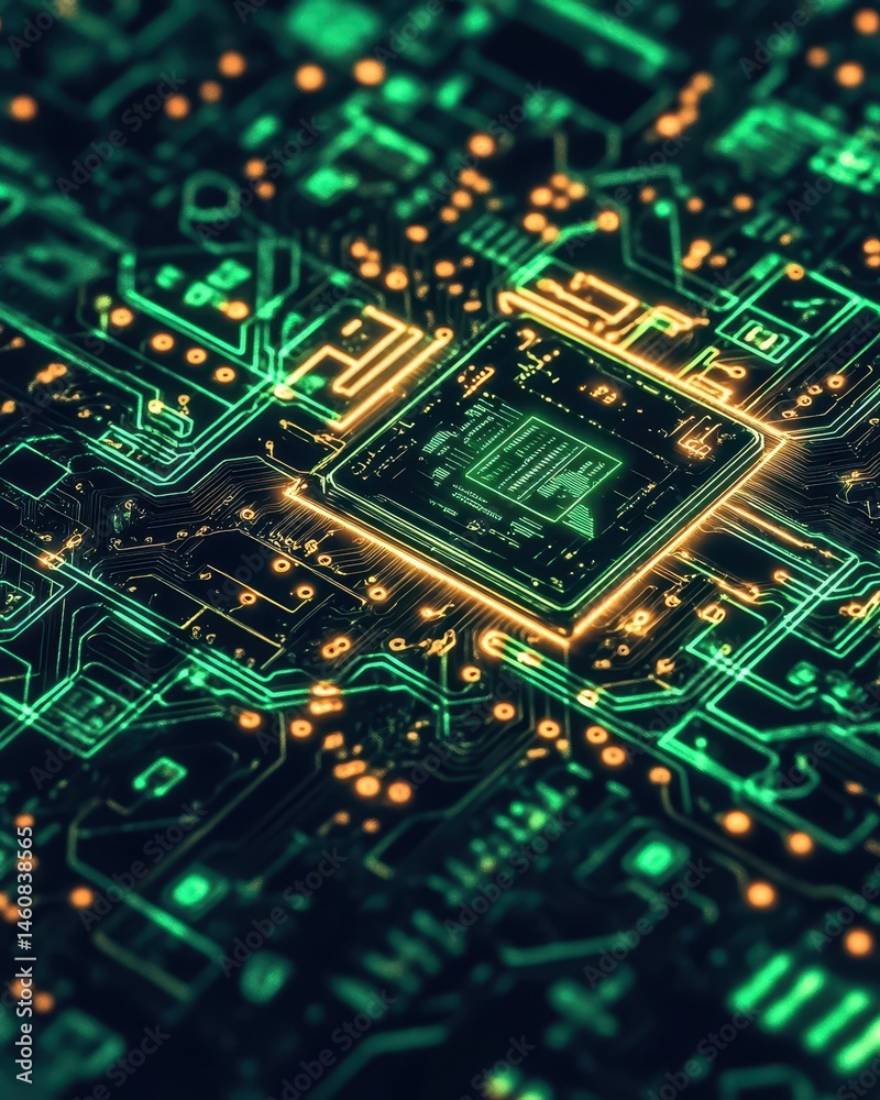 Poster futuristic glowing circuit board close up abstract technology concept green and orange digital desig