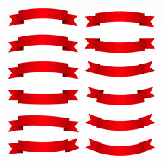Collection of red ribbon banners with various shapes for graphic design projects and promotional materials