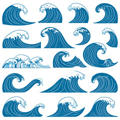 Collection of stylized blue and white wave illustrations for ocean themed designs and backgrounds