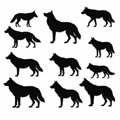 Collection of wolf silhouettes in various poses against a white background perfect for design elements and animal illustrations