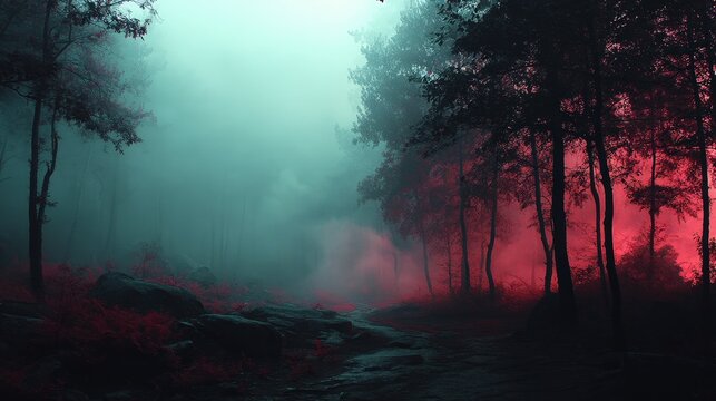Cursed Forest Clearing Under Red Fog Evoking Primal Fear and Mystery