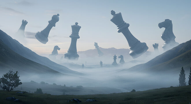 Chess Pieces in the Clouds: Enigmatic, large chess pieces pierce the misty sky, juxtaposed against a mountain range at dusk, evoking a surreal dream-like landscape.
