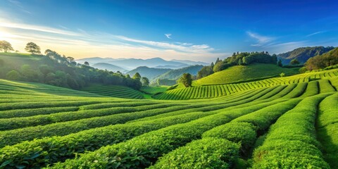 Fototapeta premium green tea plantation under clear blue sky, calming colors, serene landscape, calming colors