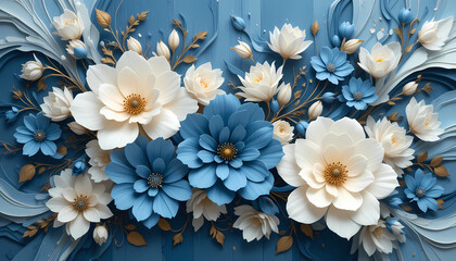 3D Paper Flower Background with Cream and Blue Floral Decoration on Blue Backdrop
