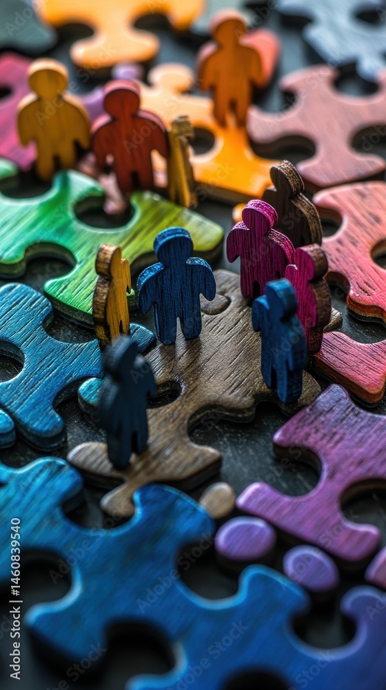 Poster colorful wooden figures standing on puzzle pieces symbolizing teamwork and connection close up macro