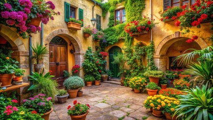 Naklejka premium Warm Italian courtyard surrounded by lush Mediterranean greenery and vibrant colorful flowers, italian courtyard, flowering plants