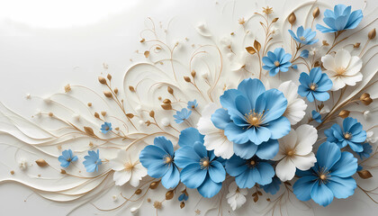3D Paper Flower Background with Cream and Blue Floral Decoration on Blue Backdrop
