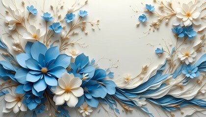 3D Paper Flower Background with Cream and Blue Floral Decoration on Blue Backdrop
